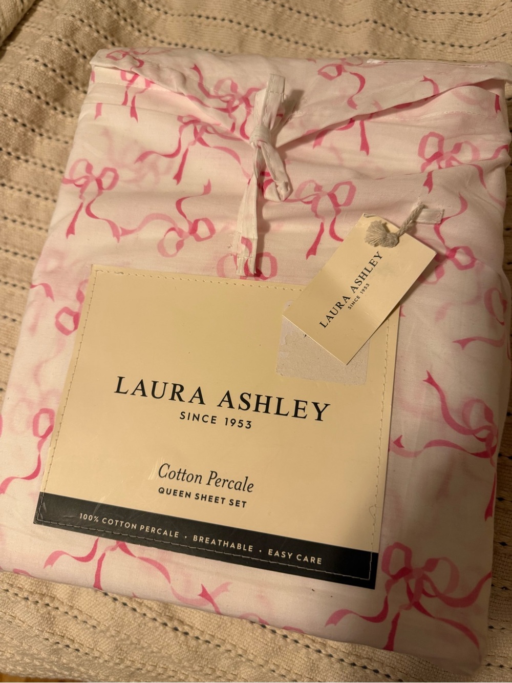 Laura Ashley Pink Bow Cotton Percale Queen Sheet Set